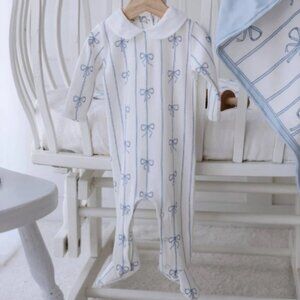 Blue Peter Pan Collar Bow Footed Onesie